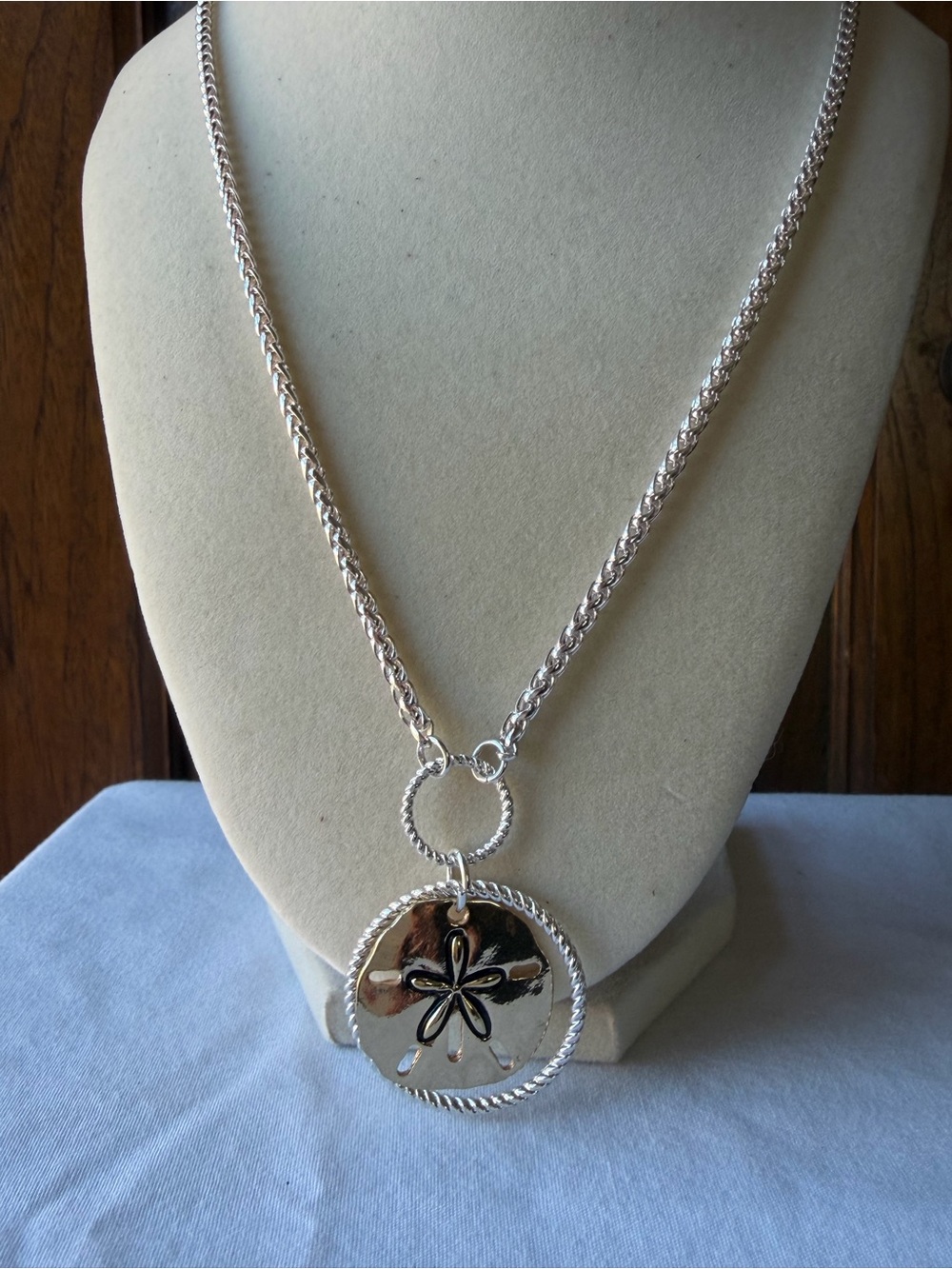 Silver Tone Necklace Gold Tone Sand Dollar Pendant Nautical Coastal Statement
